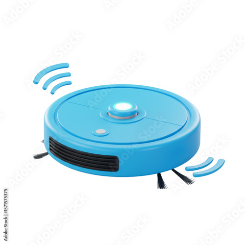 A glossy blue robotic vacuum cleaner with wireless signals on a white background in a studio shot