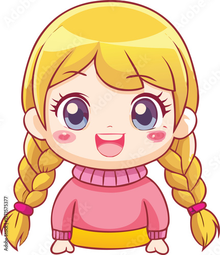 Cute Cartoon Girl with Blonde Braids and Happy Smile
