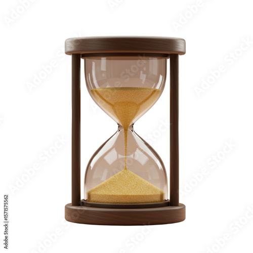 Close up of an hourglass with brown frame and sand flowing through the glass on a white background