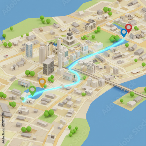 Aerial view of city map with buildings trees river and a highlighted route with location markers