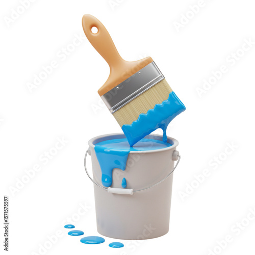 A paint brush with blue paint dripping into a paint bucket on a white background in a studio shot