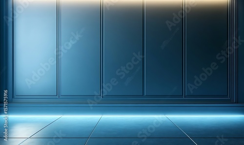 Universal minimalistic blue background for presentation. A light blue wall in the interior with beautiful built-in lighting and a smooth floor.