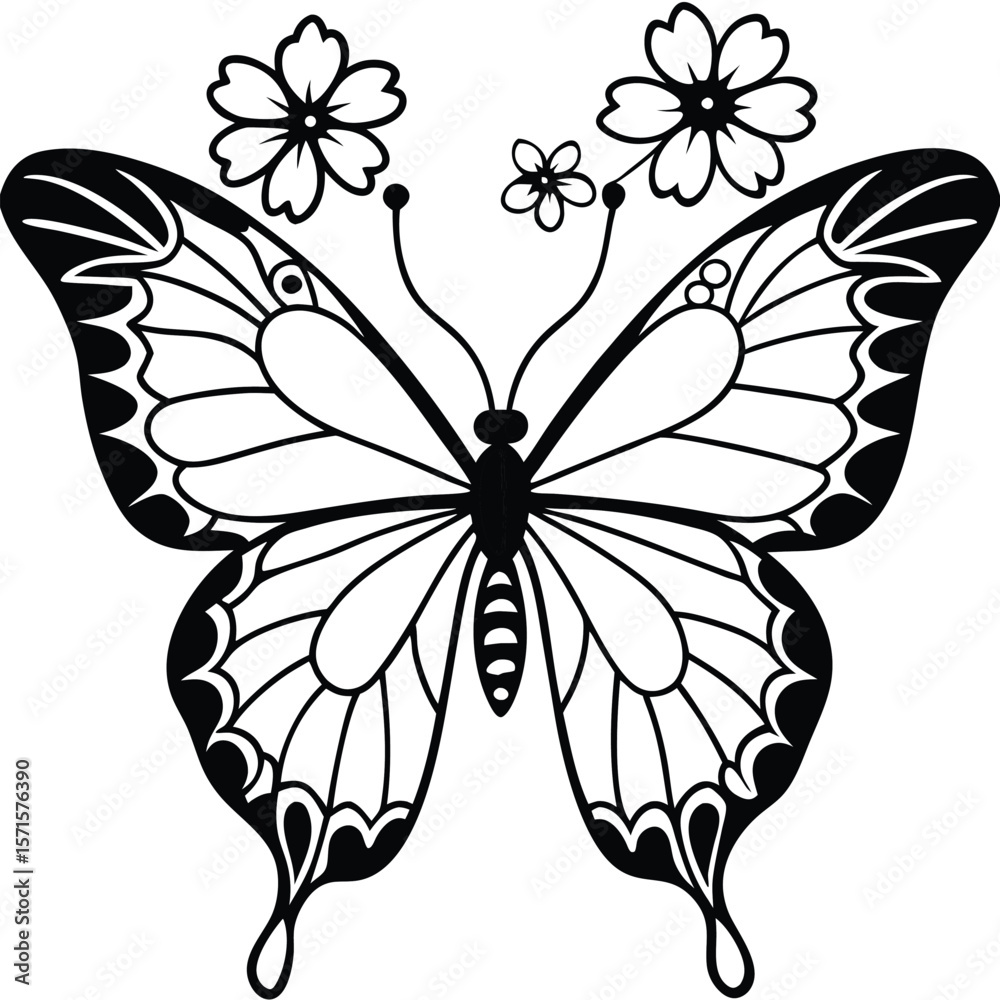 Obraz premium Black and White Butterfly with Flowers Detailed Line Art Graphic Design Illustration