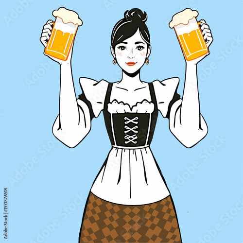 From the series "oktoberfest", girl with dirndl holds beer mugs on isolated light blue background	