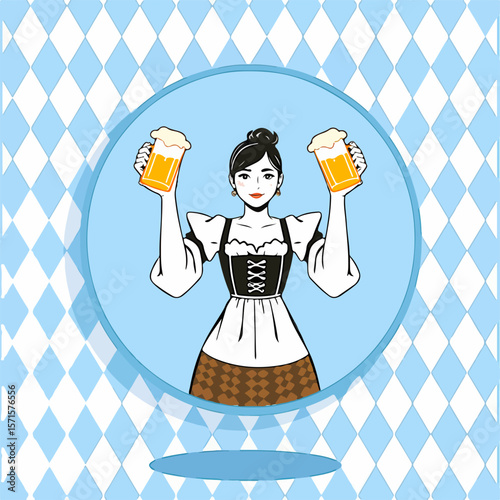 From the series "oktoberfest", girl with dirndl holds with beer mugs on a traditional Bavarian pattern of blue and white diamonds