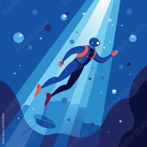 Solo Scuba Diver Descending into Deep Ocean Abyss Underwater Adventure Illustration