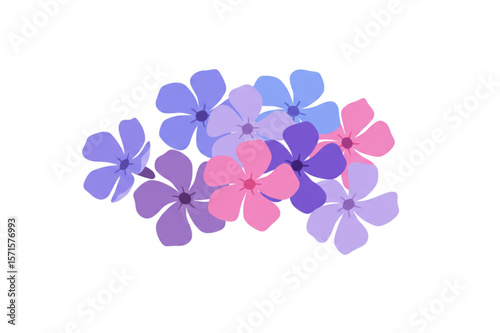 A charming floral design featuring a colorful cluster of stylized blossoms in varying shades of purple and pink, perfect for spring themes.
