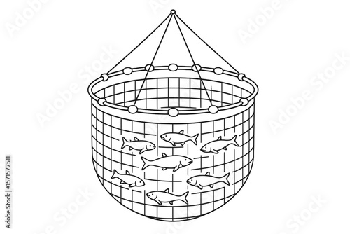 Fish farming net with fish illustration in simple line art style  