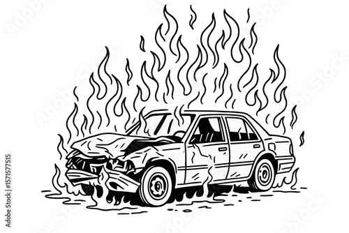 Burned out car wreck with flames in a black and white drawing  