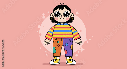 Cartoon girl wearing colorful outfit and sneakers on pink background  