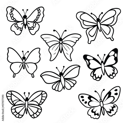 Eight Black Outline Butterflies Various Wing Designs Isolated White Background Simple Line Art Insect Illustrations