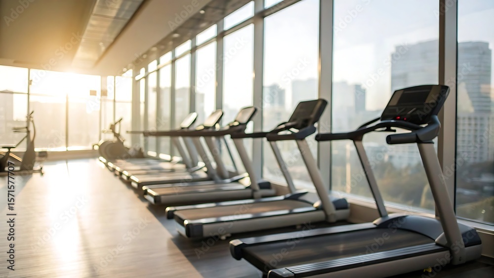 Fototapeta premium Modern gym with treadmills and large windows overlooking city skyline at sunrise