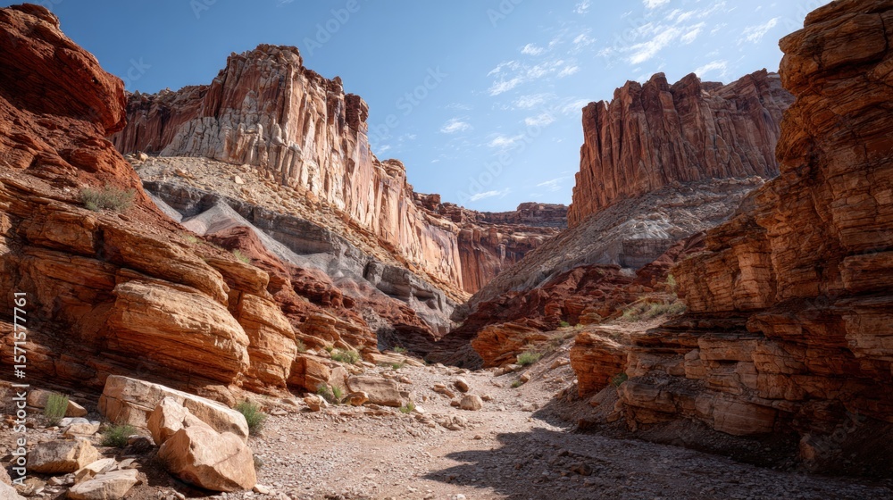 Fototapeta premium Canyon walls of striking colors in a dry wash.
