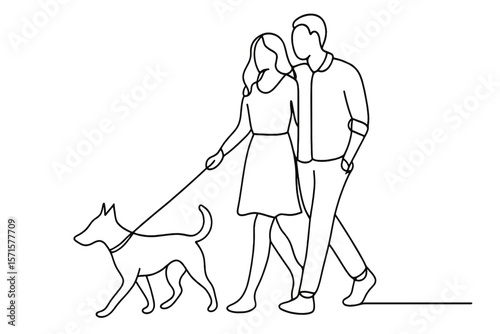Couple walking a dog in line art style on white background  