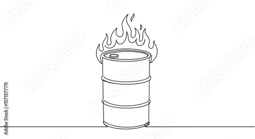 Line art of flaming oil drum with fire and ground outline  