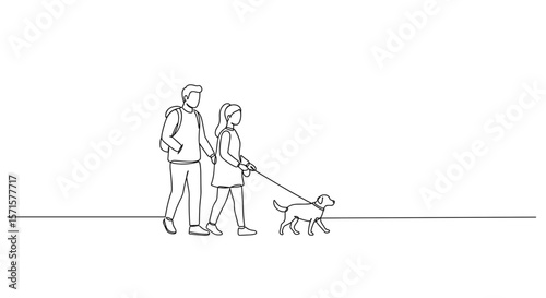 Couple walking dog in a minimalist line art style  