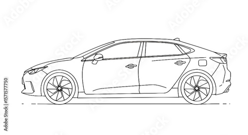 Line art of a hybrid car parked in profile view  