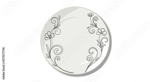 Line art ceramic plate with floral design and decorative swirls  