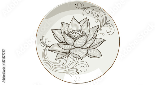 Line art ceramic plate featuring lotus flower design  