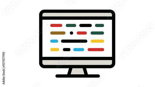 Computer monitor displaying colorful code on white background  