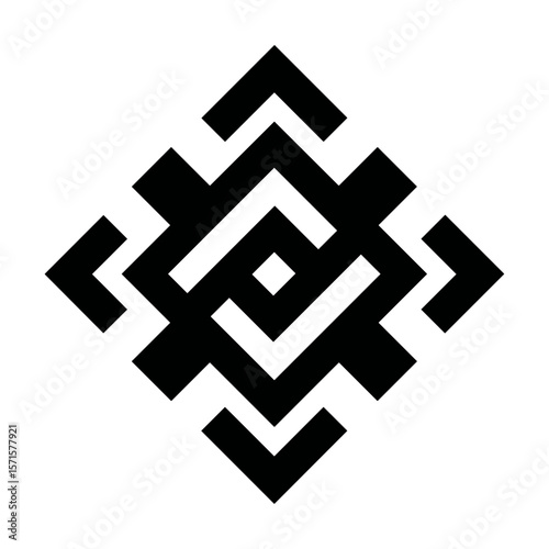 Black and white geometric symbol with intricate design elements  