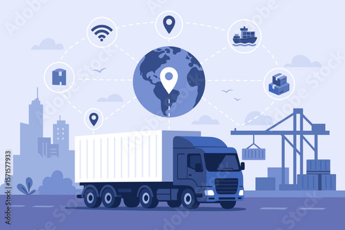 Smart logistics and global supply chain concept. Truck with container cargo for international distribution. Freight transportation network with ship, warehouse, and tracking icons.