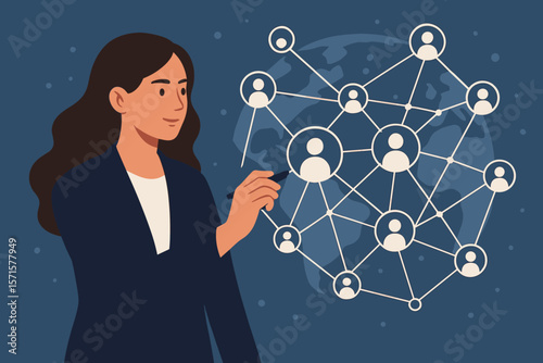 Business woman drawing global network. Customer relationship management, CRM, and client service concept. Digital marketing, social media, data exchange and connection.