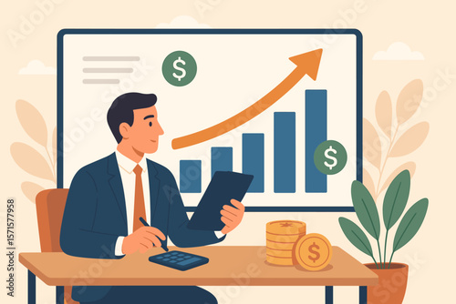Businessman analysis financial data. Investment growth concept. Manager calculates profit on digital graph. Accountant planning strategy. Stock market success report.