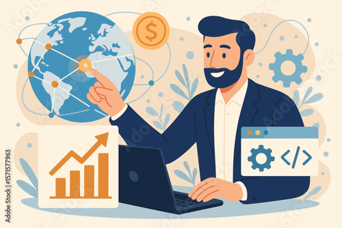 Businessman global business concept. Software development, financial technology, investment strategy. Man at laptop with growth chart, world globe. Vector cartoon illustration.