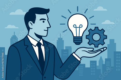 Creative business idea concept. Businessman holding light bulb for innovation and cogwheel for technology. Corporate strategy, startup solution, and success. Modern flat vector.