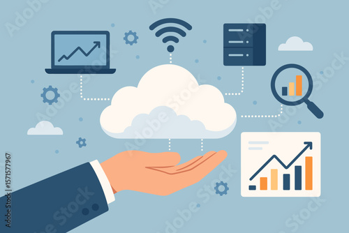 Businessman hand holding cloud computing technology for big data analytics and storage. Digital network connection to server for business intelligence and growth. Vector concept.