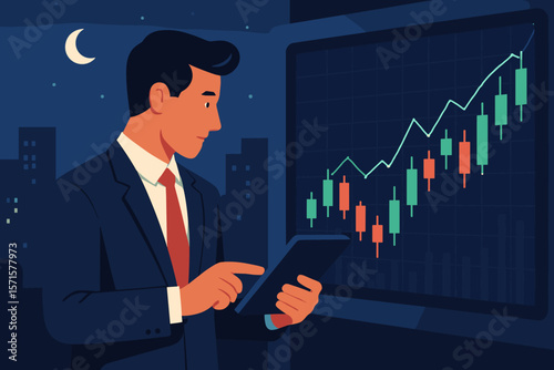 Businessman investor analyzing stock market data on tablet at night. Trader monitoring financial candlestick chart for growth. Forex trading, economy and business concept.