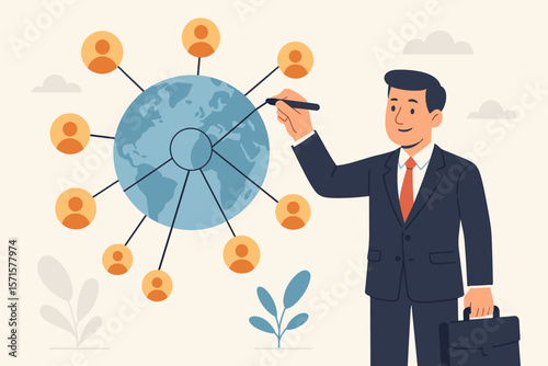 Businessman drawing client network structure on a globe. Global customer retention, acquisition, loyalty. Business expansion strategy. CRM and marketing vector concept.