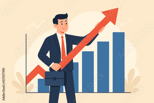 Businessman holding arrow up over a bar chart. Business growth and success concept. Economic analysis, financial strategy, investment, career development, and marketing goals.