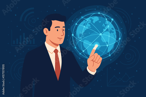 Global business technology concept. Businessman touching futuristic data exchange interface. Big data analysis. Innovation. Internet connectivity. Digital transformation. Vector.