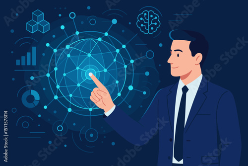 Businessman touching a global network for data exchange. Future technology innovation, AI, big data transformation, digital networking. Metaverse, blockchain, business intelligence.