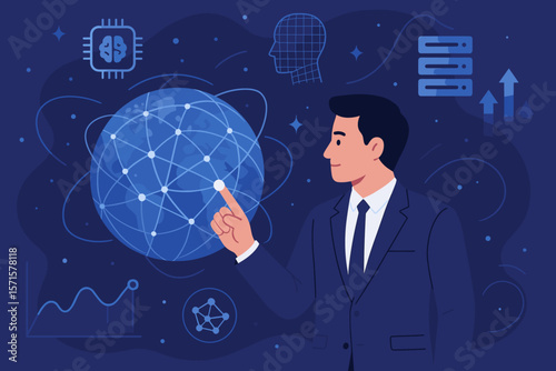 Businessman in suit interacting with global data network. Concept of future technology innovation, AI, big data analytics, digital transformation and metaverse connection.
