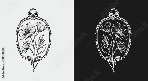 Black and white floral resin pendant illustration in vintage style  