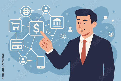 Businessman managing fintech services on a virtual interface. Concept for online banking, e-commerce, digital payment, and global customer network. Financial technology innovation.