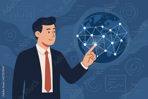 Businessman touching global network connection. Data exchanges on internet, digital software development. Algorithm, data science, social networking and big data innovation.