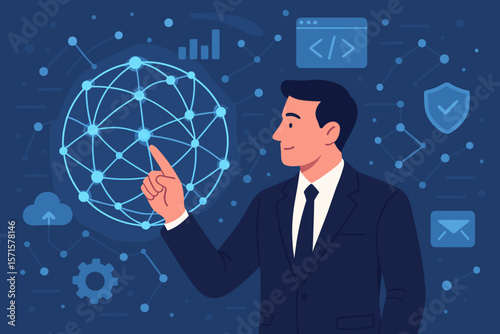 Businessman touching glowing global network connection. Concept of data exchange, internet, digital software development, algorithm, data science, big data, and cybersecurity.