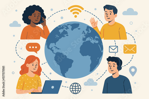 Global communication and technology concept. Diverse people connect worldwide via internet, phone, and laptop. Remote work and virtual team collaboration flat vector illustration.