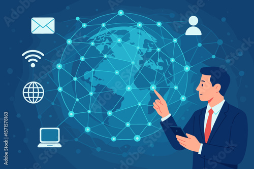 Global communication technology and internet for worldwide business. Man with phone pointing at connected world map. Digital network, telecommunication, and futuristic concept.