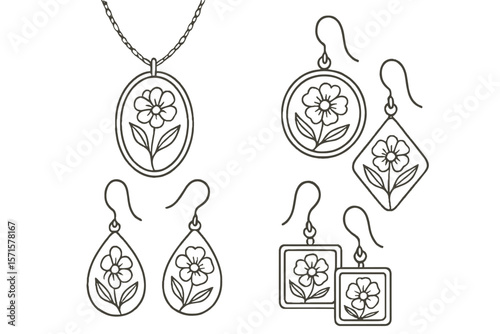 Line art flower jewelry set including necklace and earrings  
