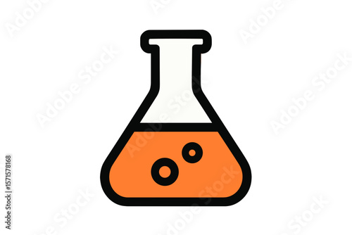 Chemical flask with orange liquid and bubbles in flat design style  