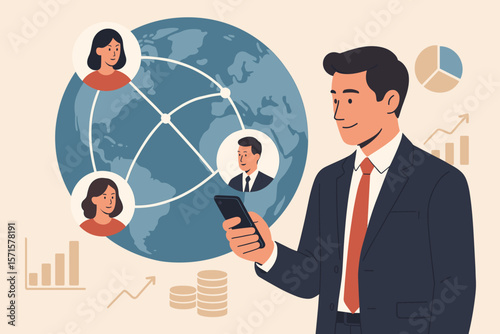 Businessman using mobile smartphone on global network for business development. Concept of data exchange, managing customers, investors, sales, and financial growth. Flat vector.