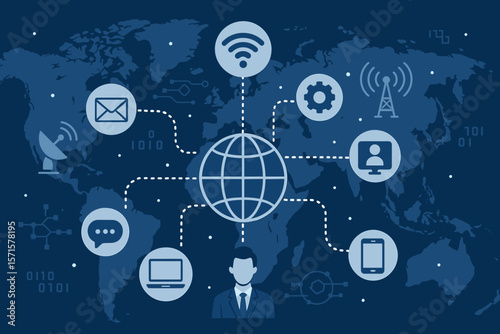 Global business communication. Internet technology network. Worldwide connectivity & telecommunication. Abstract futuristic background with world map and digital icons. Vector.