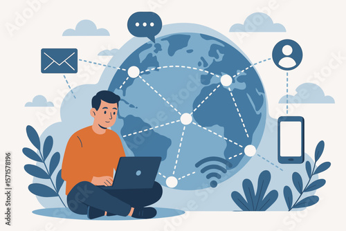 Global communication and business networking technology concept. Man with laptop connecting to worldwide internet network. Vector illustration of remote work, globalization.
