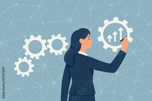 Businesswoman drawing growth arrows on a gear mechanism. Business process development, teamwork, and partnership concept for success. Corporate strategy and innovation vector.