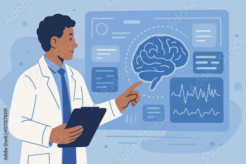 Doctor or neurologist analyzing brain scan, EEG results on a digital screen. Innovative medical technology concept. Neuroscience, research, diagnosis, and healthcare innovation.